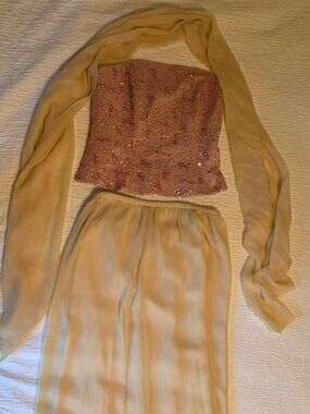 Kay Unger 3-Piece Pink Sequin Beaded Strapless top/Chiffon Maxi Skirt & scarf